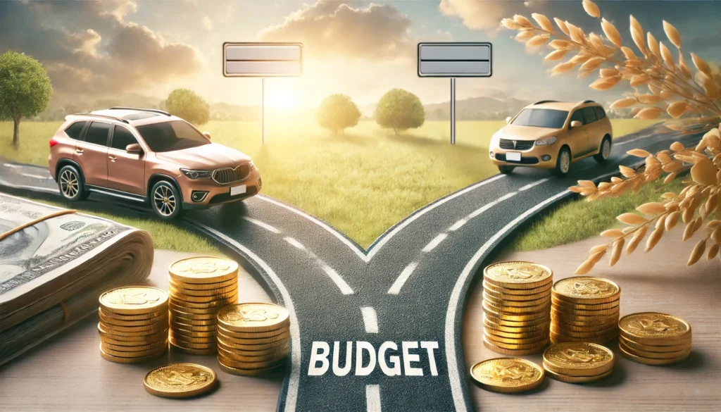 A financial planning visualization featuring a road splitting into two paths—one leading to a luxury car and the other to a budget-friendly vehicle. Golden coins line both paths, representing auto loan budgeting and financial choices.