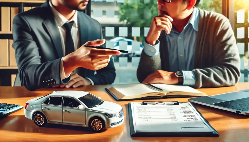 A financial advisor pointing at a document while discussing car loan payments with a client in a modern office. A toy car model sits on the desk, symbolizing car financing and loan principal payments.