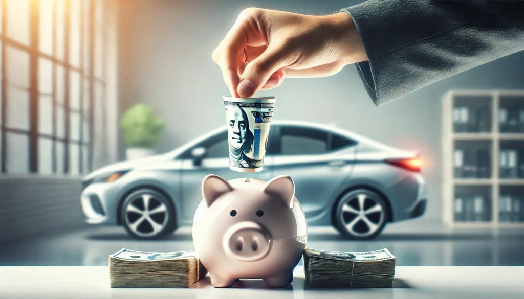 A conceptual image of a person dropping a final stack of cash into a piggy bank shaped like a car, symbolizing debt-free car ownership. A blurred modern car in the background reinforces the benefit of buying outright.