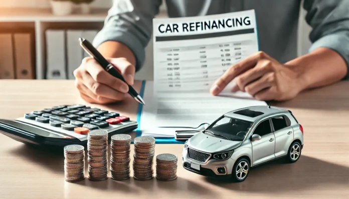 A person stacking coins next to a miniature car while reviewing refinancing paperwork. A calculator and a pen are on the table, symbolizing the benefits of lower interest rates and reduced monthly payments. The setting is bright and modern.