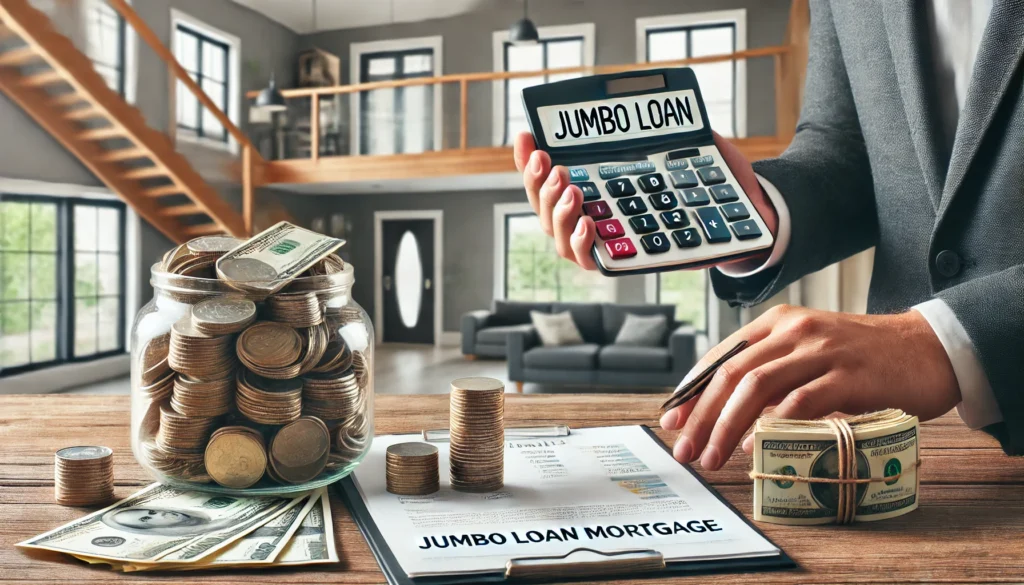 Hands stacking coins on a wooden table alongside a calculator and financial documents, symbolizing budgeting for a jumbo loan mortgage. A blurred modern, upscale home interior is visible in the background, representing high-value real estate investment.