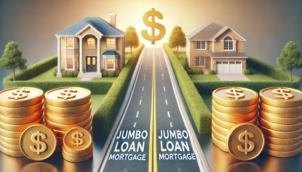 A symbolic image of a road splitting into two paths—one leading to a luxurious mansion and the other to a modern suburban home—representing different high-value mortgage options. Golden coins line both paths, symbolizing financial choices and budgeting.
