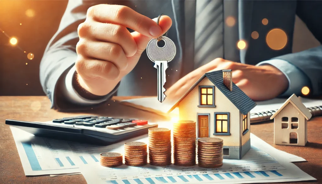 A conceptual image showing a person’s hand holding a key above a stack of coins, symbolizing successful budgeting for a home purchase. A house model sits in the background, with financial documents and a calculator softly blurred, reinforcing structured financial planning.