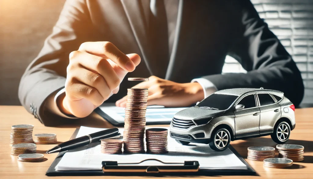 A symbolic image of financial planning for a car, featuring a hand stacking coins in front of a sleek car model. The softly blurred background includes financial documents and a pen, reinforcing the theme of responsible money management.