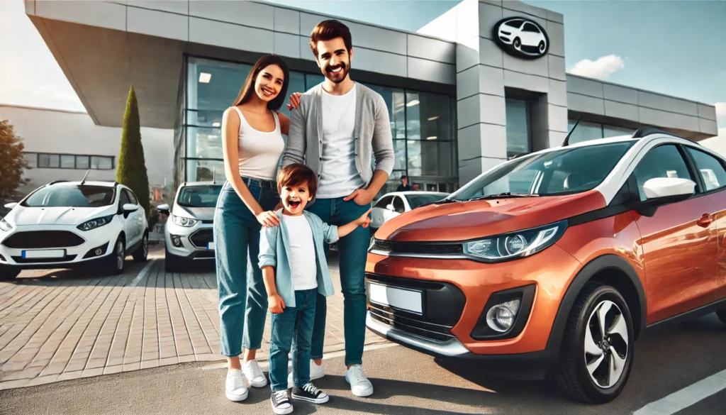 A happy family stands next to their newly purchased car in front of a dealership. The parents smile while their child excitedly points at the vehicle. The dealership building and parked cars create a bright and cheerful atmosphere in the background.