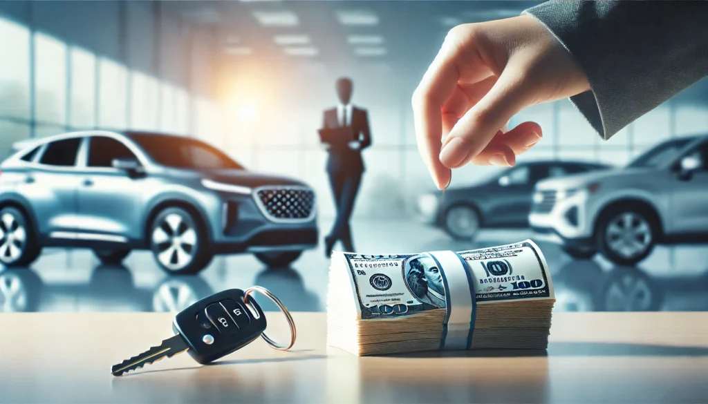 A symbolic image depicting a person placing a stack of cash on a car dealership counter, with a car key and a sleek vehicle in the background, representing a smooth and straightforward car-buying process.