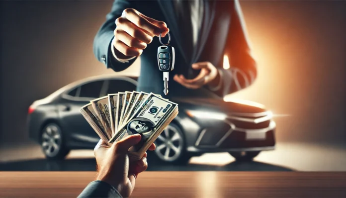 A conceptual image showing a person exchanging a stack of cash for a car key, symbolizing immediate vehicle ownership without debt. A sleek car is parked in the background, softly lit to highlight financial freedom.