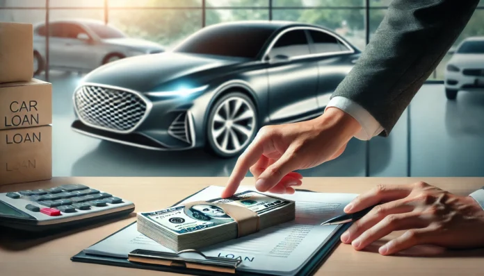 A realistic image of a hand placing a stack of cash on a table, symbolizing a car loan payment, with a sleek modern car in the background inside a well-lit financial office.