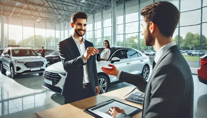 A modern car dealership showroom with multiple cars on display. A salesperson hands over car keys to a happy customer in a professional setting. Large glass windows reflect cars outside, creating a bright and inviting atmosphere.