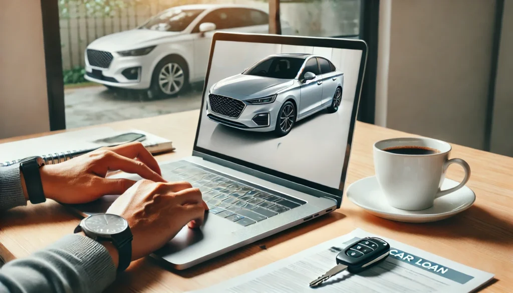 A person making an online car loan payment using a laptop in a well-lit home office. A credit card, a cup of coffee, and a car key are on the desk, focusing on the financial transaction without any visible cars in the background.