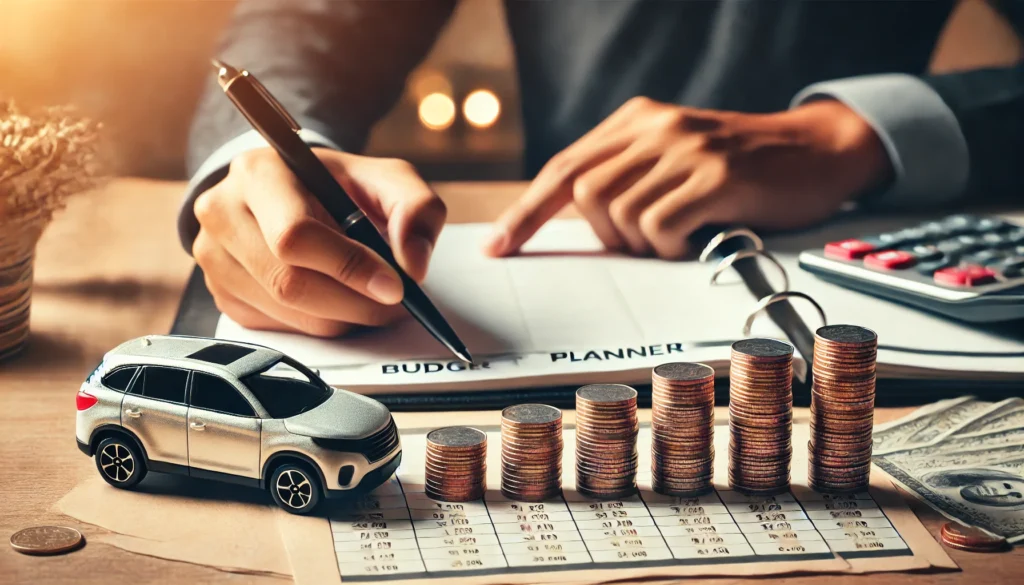 A conceptual image of a person holding a pen and marking a budget planner, with a small car model and increasing stacks of coins nearby. The background is softly blurred with financial documents and a calculator, symbolizing effective budgeting.