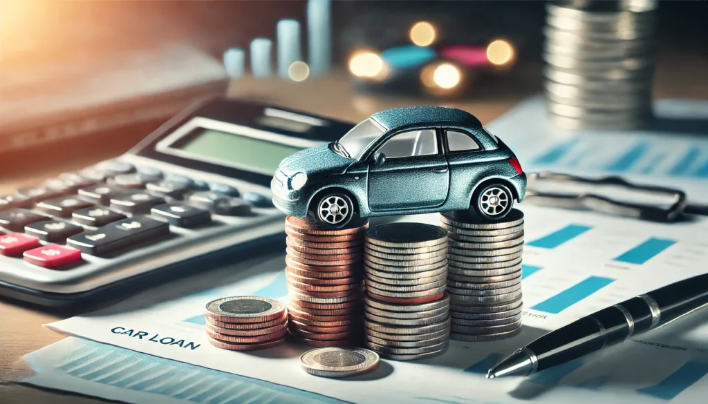 A symbolic image of a small toy car placed on top of stacked coins, representing structured budgeting for a car loan. A blurred office background with financial charts and a calculator emphasizes financial decision-making.