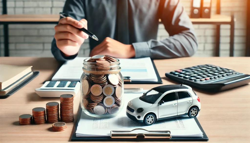 A person placing coins into a jar with a small car model beside it, symbolizing saving money through better loan terms. A calculator and financial documents are on the table, indicating smart financial planning. The setting is professional and modern.