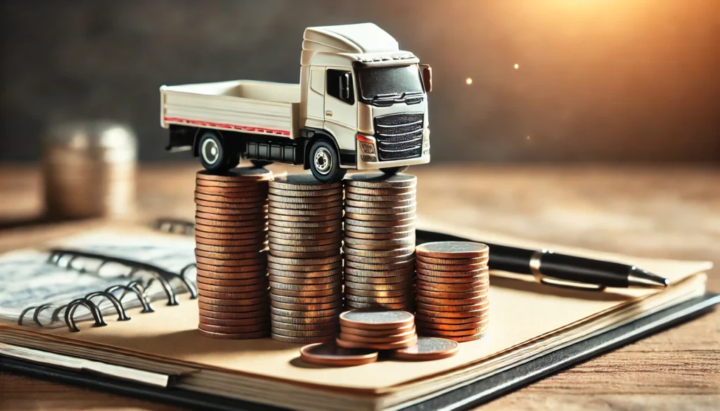A miniature truck placed on top of stacked coins, symbolizing budgeting and saving for a truck purchase in a financial planning setting.