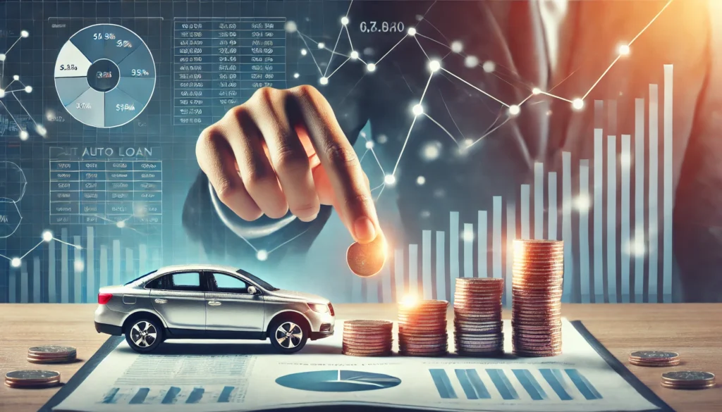 A conceptual image of a hand stacking coins next to a car model, symbolizing financial planning and saving for car loan payments. A softly blurred financial chart and documents in the background reinforce budgeting discipline.