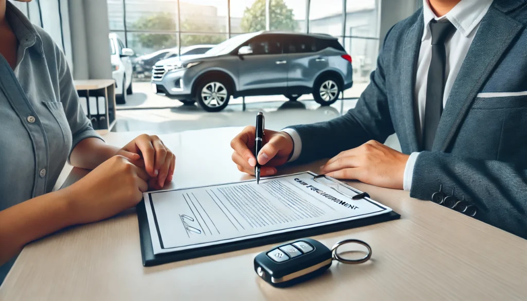 A person signing a car purchase agreement inside a dealership office. A sales representative sits across the table, presenting documents while a car key rests on the table. The modern dealership setting features large windows and a professional atmosphere.