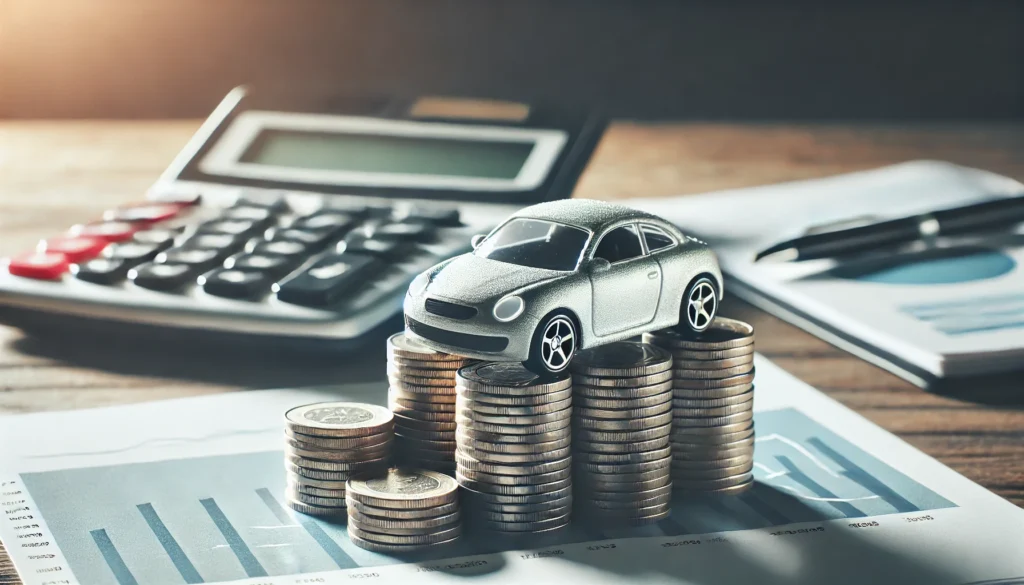 A symbolic representation of car financing budgeting, showcasing a toy car positioned on neatly stacked coins. A softly blurred calculator and financial charts in the background highlight the importance of budgeting and financial management.