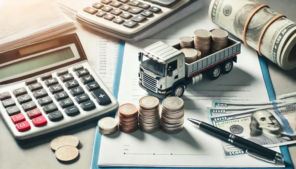 A toy truck positioned next to stacks of coins, with a calculator and financial documents in the background, symbolizing financial planning for purchasing a truck.