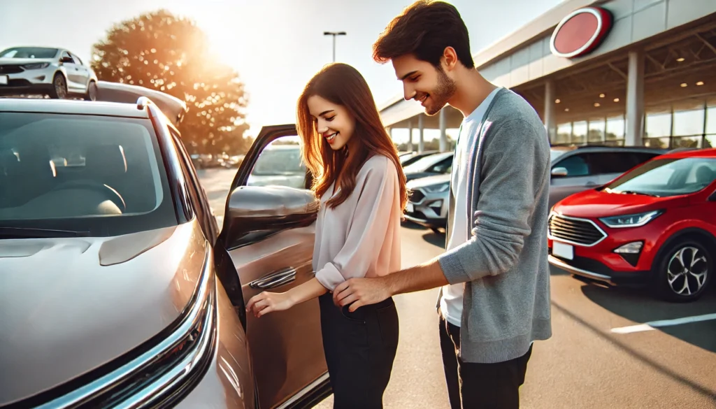 A young couple excitedly examines a car in an outdoor dealership lot. The man opens the car door while the woman looks inside. The background features a row of new vehicles under bright sunlight, with a dealership building visible in the distance.
