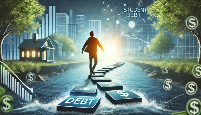 A young adult confidently crossing a structured financial path represented by stepping stones over a calm river, leading to a bright, debt-free future symbolized by a glowing city skyline.