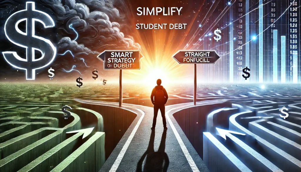 A symbolic illustration of a student at a financial crossroads, choosing between a maze of confusion and a well-lit path toward financial freedom, with a transition from stormy clouds to a bright sunrise.
