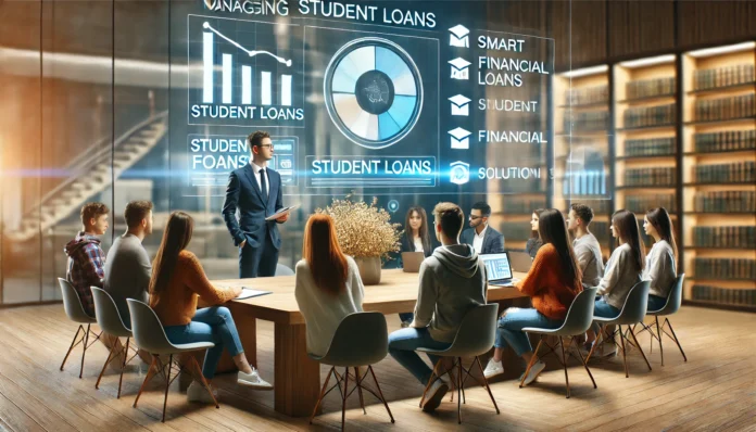 A modern financial advisory office where a diverse group of students receives professional guidance on managing student loans. The setting is high-tech yet warm, featuring digital financial tools, charts, and a friendly advisor providing smart financial solutions.