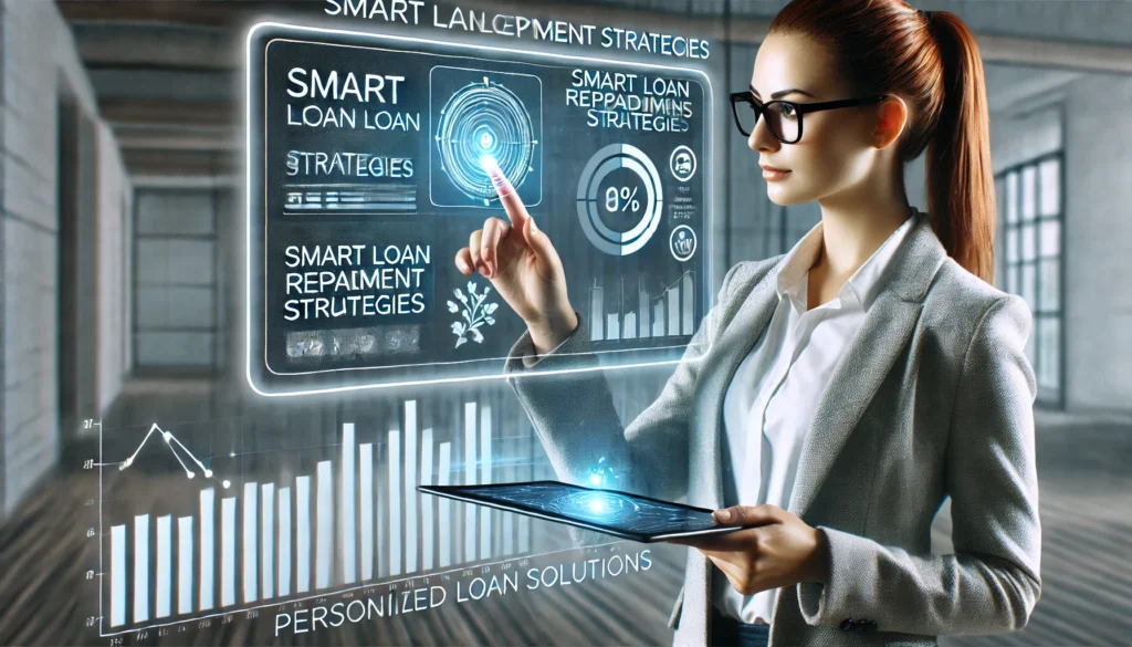 A futuristic digital financial assistant helping a student navigate smart loan repayment strategies on a tablet. The student looks confident while interacting with a sleek interface displaying financial graphs and personalized loan solutions in a minimalistic, modern environment.