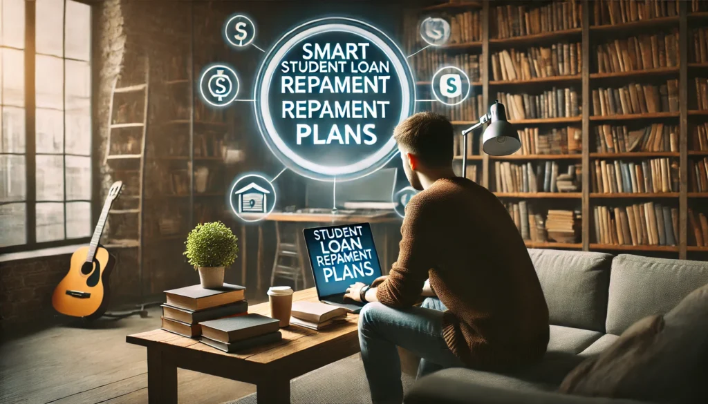 A college student sitting in a cozy study space, analyzing smart student loan repayment plans on a laptop. The room is filled with books and coffee, symbolizing financial awareness and responsible decision-making for effective loan management.