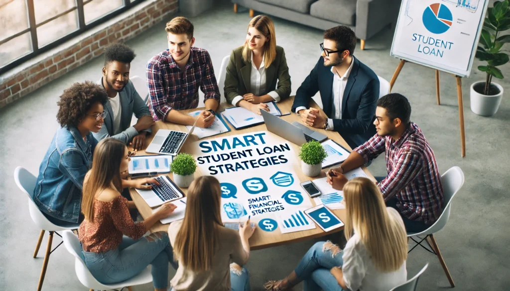 A diverse group of students gathered around a table, discussing smart student loan strategies with a financial advisor. The collaborative and modern setting features financial charts, laptops, and an engaging discussion about informed financial planning.