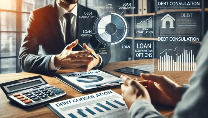 A modern financial advisor helping a client review debt consolidation options in a sleek office setting. The scene includes financial charts, loan comparison documents, and a welcoming atmosphere, symbolizing clarity, trust, and financial stability.