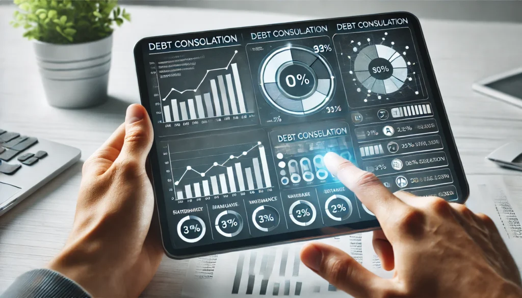A digital tablet displaying a financial dashboard with debt consolidation options. The screen shows clear graphs and comparison charts, with a person’s hand interacting with the interface, representing control and informed decision-making.