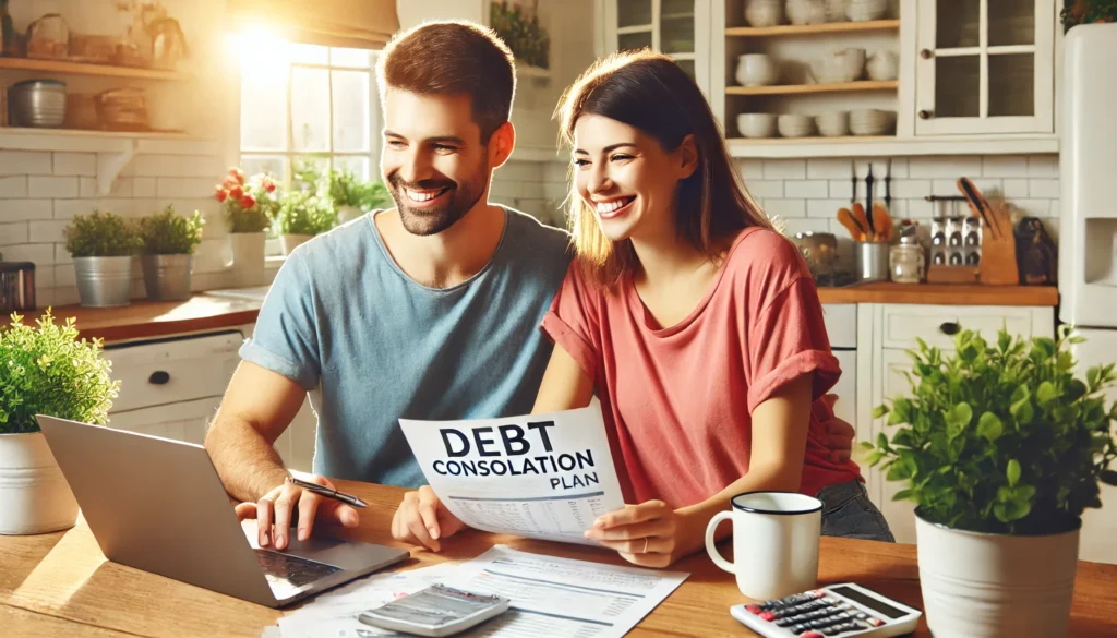 A happy couple sitting at a kitchen table, reviewing their debt consolidation plan on a laptop. The bright and cozy environment, with coffee cups and financial documents, symbolizes financial relief, security, and a fresh start.
