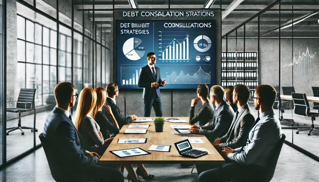A financial expert presenting debt consolidation strategies to a group of people in a professional conference room. A large screen displays financial graphs while attendees listen attentively, conveying expertise, trust, and informed financial planning.
