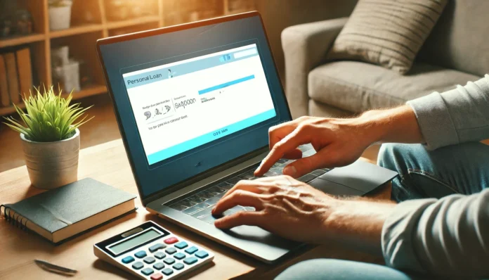 A person using a laptop to apply for a personal loan to pay off credit card debt. The screen displays a financial application in a cozy home office, symbolizing convenience and financial planning.