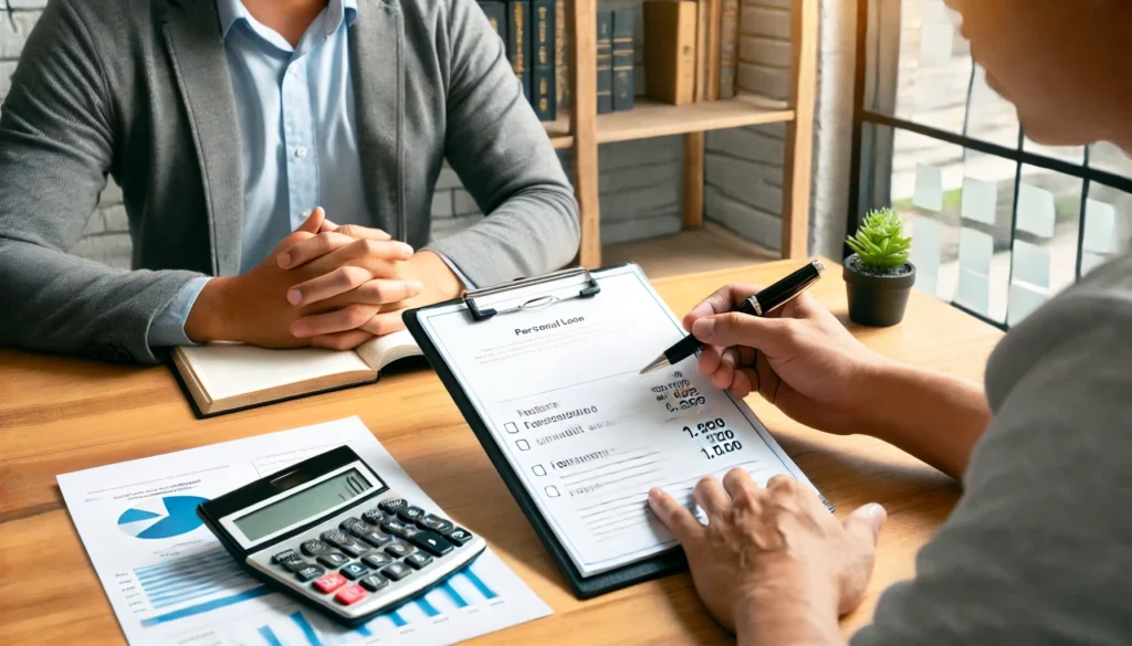 A financial advisor sitting with a client, discussing a personal loan to consolidate credit card debt. The modern office setting includes financial documents, charts, and a calculator, representing informed financial decision-making.