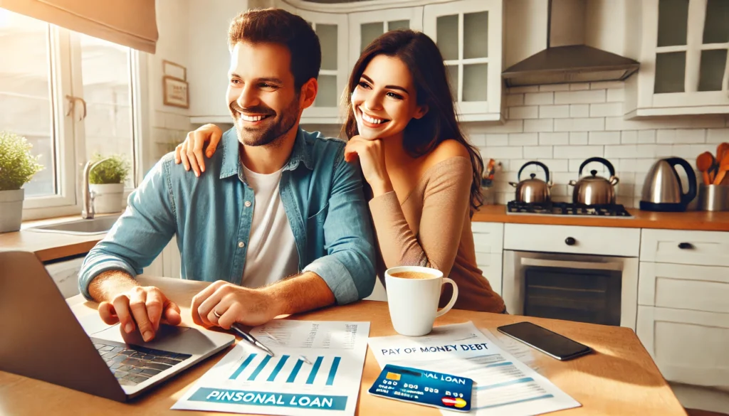 A person holding a smartphone with a loan approval notification while cutting up a credit card. The background features a desk with financial documents and a calculator, representing financial freedom and debt management through personal loans.