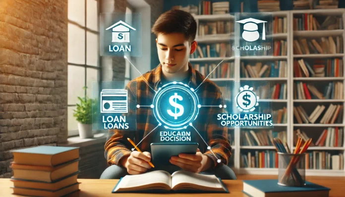 A financial advisor meeting with a college student, explaining strategies for building credit and funding education. The setting includes financial charts on a tablet and a welcoming office space, symbolizing financial literacy and responsible borrowing. The image has been refined to focus more on the financial discussion.