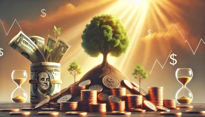 A peaceful financial landscape featuring stacks of coins growing steadily, surrounded by green plants, symbolizing financial growth and stability. A soft golden light enhances the calm and positive atmosphere.
