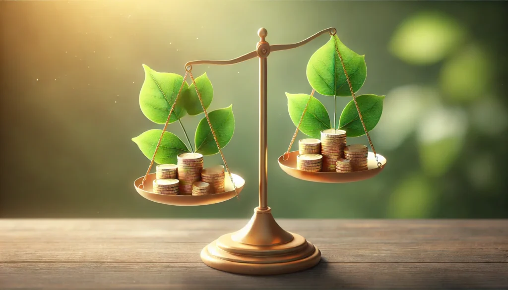 A balanced scale with gold coins on one side and a small leaf on the other, symbolizing financial equilibrium and affordability. The background features a natural setting, indicating financial ease and peace of mind.