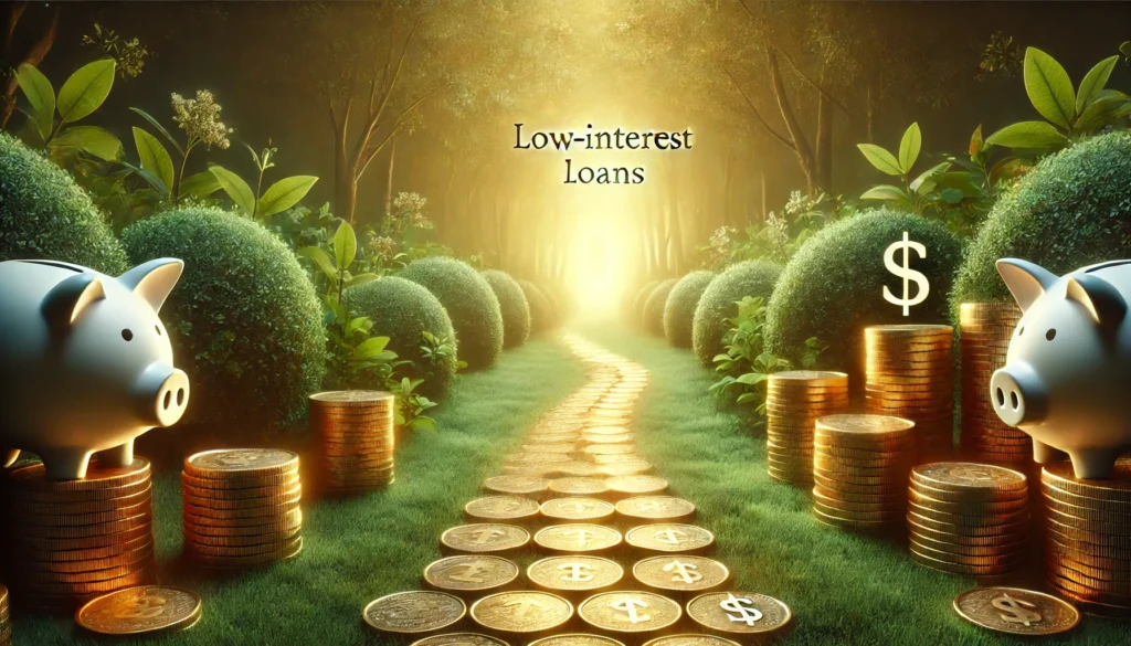 A golden coin pathway leading to a bright, secure financial future, surrounded by lush green nature. The warm, inviting atmosphere represents financial success with minimal cost.