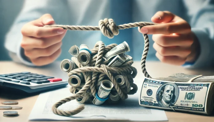 A tangled bundle of ropes made of money being untangled into a single, smooth financial thread, symbolizing the simplification of multiple loans. The background features a calming financial environment, emphasizing clarity and stress relief.