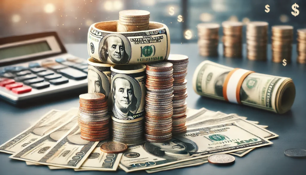 Scattered coins and dollar bills merging into a single organized stack of money, representing the simplification of multiple debts. The background conveys peace of mind and financial stability.