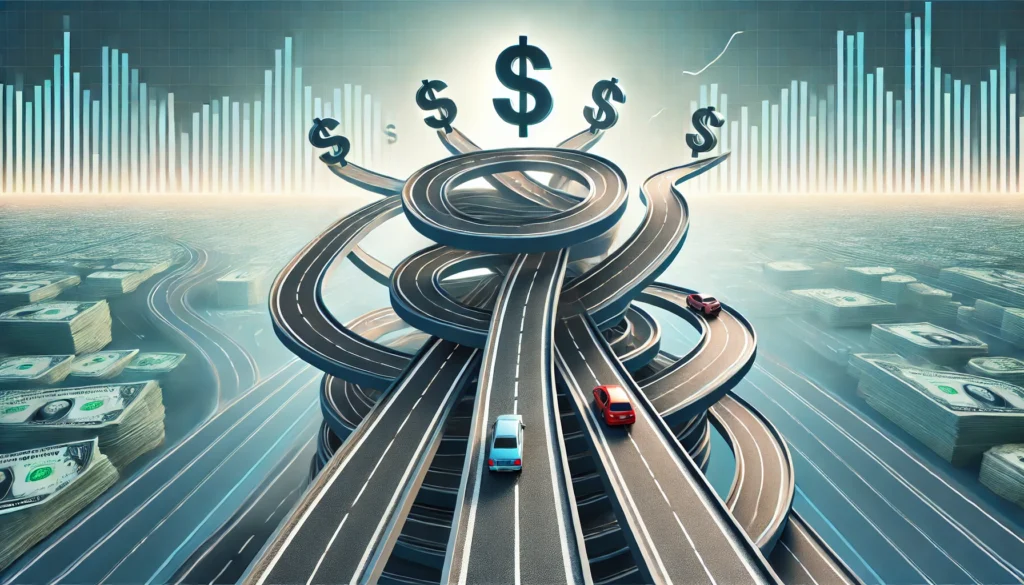 Several winding roads merging into a single, smooth highway, symbolizing the consolidation of multiple loans into one manageable payment. The background showcases a bright and stress-free financial horizon.