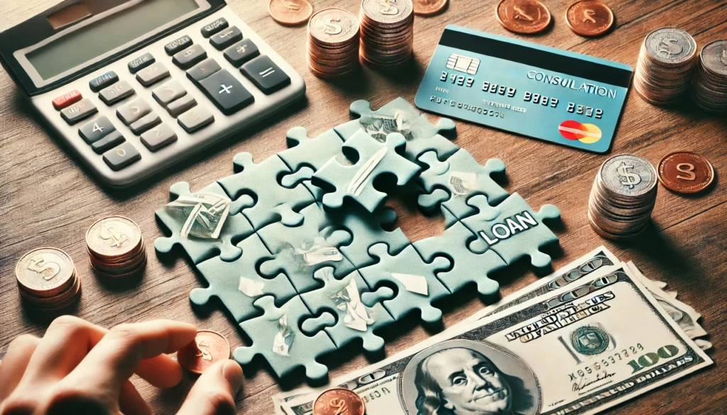 A puzzle made of financial elements (coins, bills, credit cards) being assembled into a complete, unified picture, representing organization and debt management. The balanced background signifies financial clarity and relief.