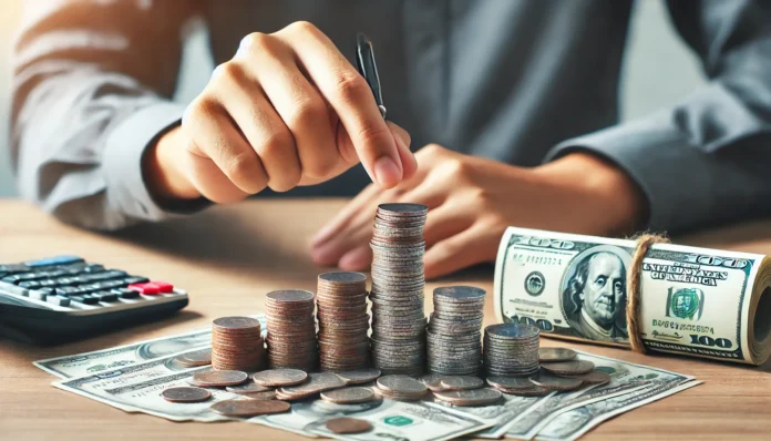 A pair of hands carefully stacking scattered coins and bills into a neat, organized pile, representing structured debt management and financial organization. The background conveys a peaceful and controlled financial environment.