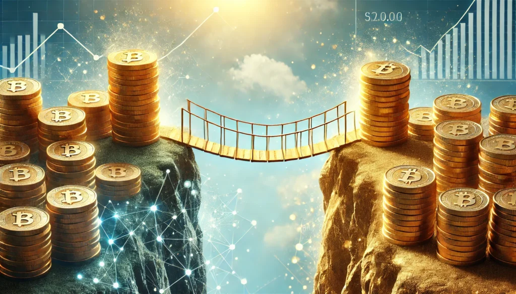 A bridge made of golden coins connecting two financial cliffs, symbolizing the transition from debt chaos to financial stability. The background is bright and serene, representing security and financial peace.
