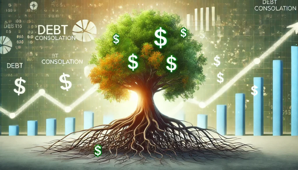 A large tree with multiple tangled roots transforming into a single strong trunk, symbolizing the merging of multiple debts into one stable financial solution. The background features a bright and positive financial atmosphere, emphasizing stability and growth.