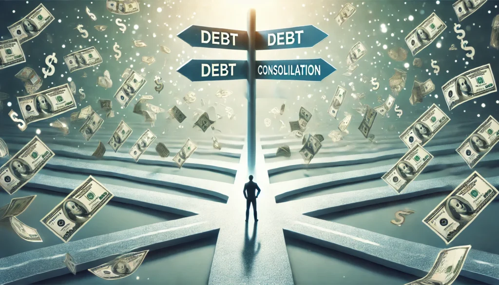 A person standing at a crossroads with multiple confusing financial paths merging into a single clear road, symbolizing financial clarity and debt management. The background has a bright and balanced atmosphere, emphasizing financial control and relief.