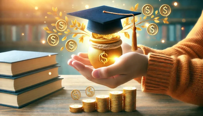 A student wearing a graduation cap receiving financial support in the form of golden coins flowing into an open hand, symbolizing loan assistance for education. The background is bright and hopeful, emphasizing financial aid and opportunity.