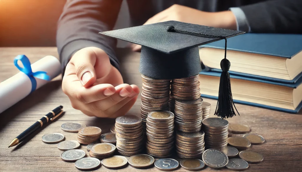 A graduation cap resting on a pile of coins with a hand reaching out to take them, symbolizing financial aid for higher education. The background conveys a stable and optimistic financial atmosphere.